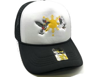 Sun and Stars Roosters Mesh Trucker Hat Snapback (White/Black)