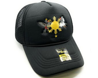 Sun and Stars Roosters Mesh Trucker Hat Snapback (Black)