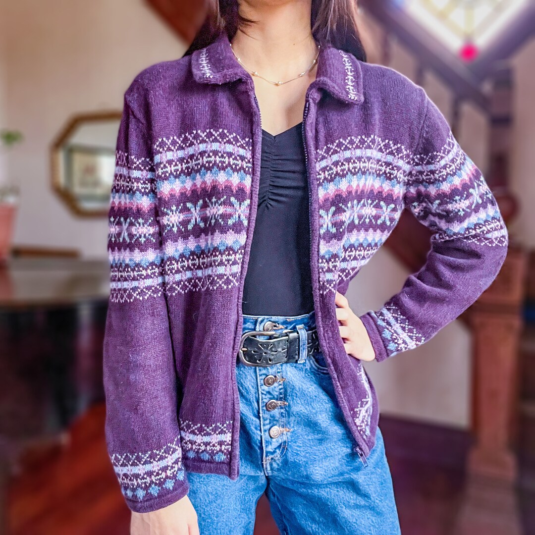 Vintage Fair Isle Collared Zip up Sweater Purple Patterned Vintage