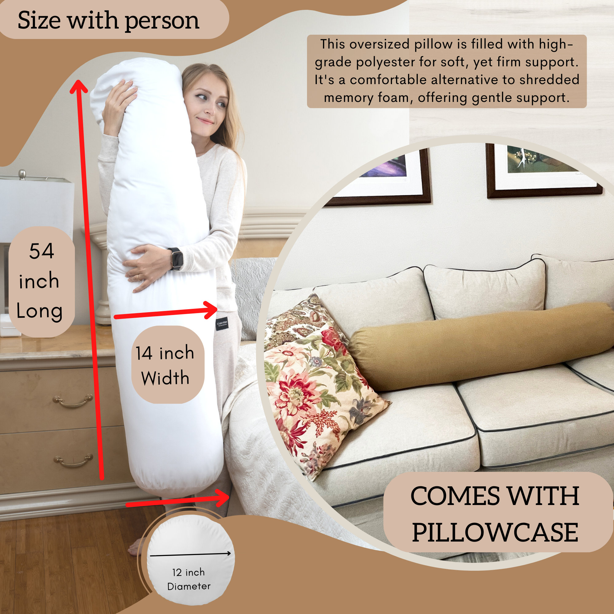 Round Body Pillow Cylinder Body Pillow Oversize Extra Long 54x12 Come
