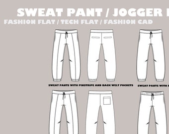 sweatpants / jogger bundle fashion flat sketch, Fashion Template, Technical Drawing, Fashion Flat, sweatpants mock up