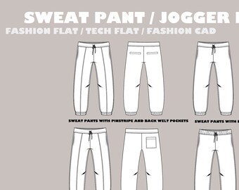 May include: Line art fashion flat illustrations of four different styles of sweatpants or joggers. The styles include pinstripe with back welt pockets, pinstripe with patch pockets, flat waistband, and elasticized waistband.