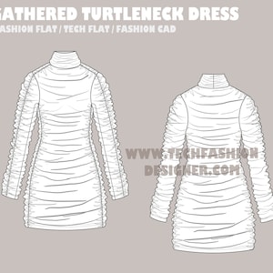 Gathered Turtleneck Dress Fashion Flat: Vector CAD (Digital Download)