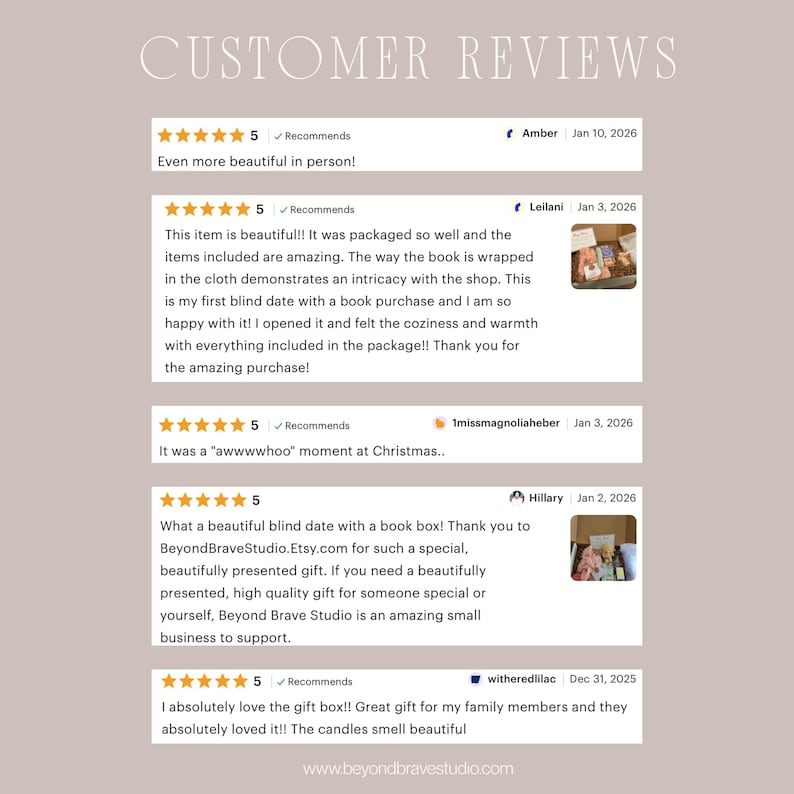 May include: A webpage displaying customer reviews for a product. The reviews are written in a casual tone and include star ratings, dates, and customer names. The website address is www.beyondbravestudio.com.