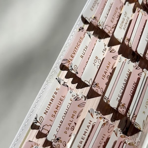 K&ouml;nnte beinhalten: Nahaufnahme von Bibel-Reitern mit goldfarbenen Buchstaben und floralen Designs. Die Reiter sind in Rosa- und Wei&szlig;t&ouml;nen gehalten und tragen Titel wie "Levitikus", "Ruth" und "Hiob". Die Reiter sind f&auml;cherf&ouml;rmig angeordnet, was auf ein Buch hindeutet.