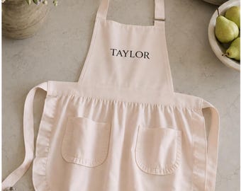 Personalized White Apron Custom Embroidered Kitchen Women Chef Baker Gift Brunch Host Dinner Party Sourdough Cotton Blend Adjustable Neck