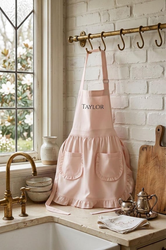 Personalized Pink Apron Custom Name Apron Gift Brunch Host Dinner Party Sourdough Baker Women Kitchen Cooking Baking Ruffled Cotton