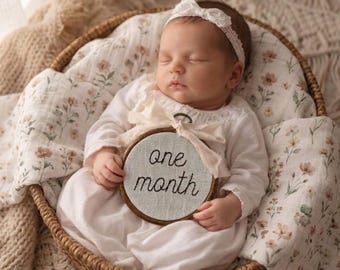 Embroidered Keepsake Baby Milestone Newborn Hoop Sign Personalized Baby Photo Prop Frame Custom Embroidered Infant Sign Cottagecore Nursery