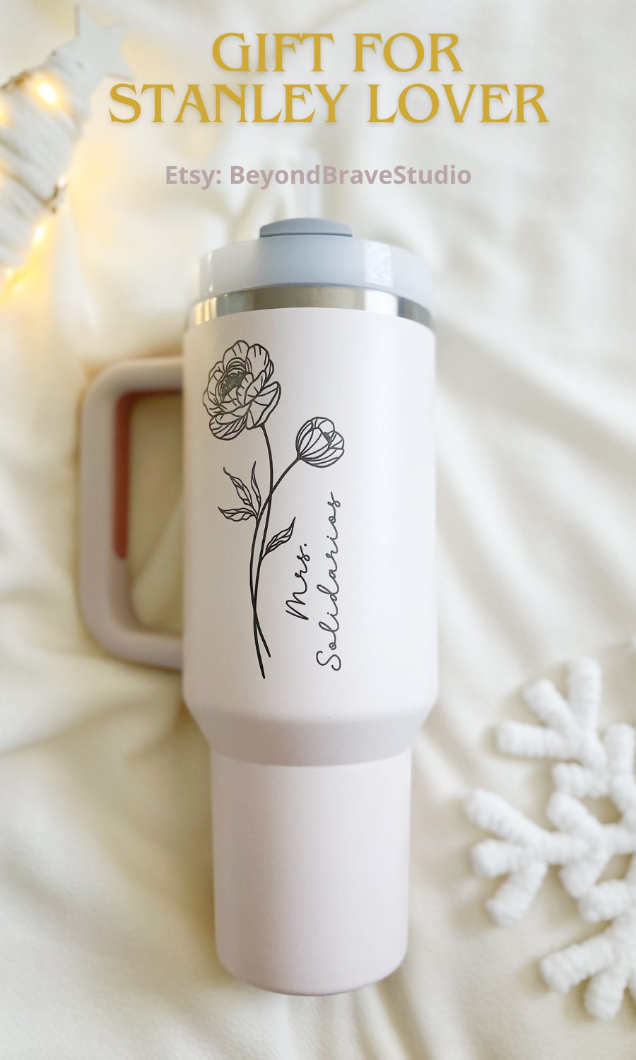 Pink 40oz tumbler with handle, Stanley Dupe with hand painted flower  dasies, Imagine, one of a kind floral wildflower design, water bottle