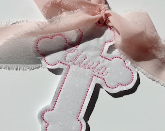 Embroidered Keepsake Baby Girl Baptism Cross Personalized Baby Girl Baptism Name Sign Easter Basket Kid Bag Tag Faith Nursery Room Sign