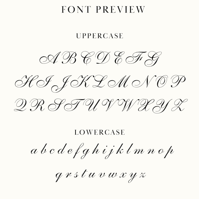 May include: Font preview of a cursive font, displaying uppercase and lowercase letters. The uppercase letters are arranged in three rows, while the lowercase letters are in two rows. The text "FONT PREVIEW" is at the top.