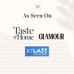 May include: A white graphic display featuring the text As Seen On at the top, followed by the black logos for Taste of Home and GLAMOUR, and a blue rectangular logo for KTLA 5 LA'S VERY OWN, all set against a faint, light-colored script background.
