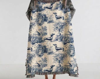 Dackel-Kuscheldecke für Haustierliebhaber, Wienerhund, Baumwolle, gewebt, blauer Toile-de-Jouy-Gartenteppich, Eltern neuer Haustiere, Dackelrasse, Hundeliebhaber, Couch, Schoßsofa