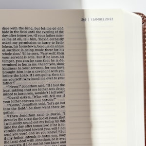 May include: Open Bible with text from 1 Samuel 20:22, page 249. The pages are cream-colored with black text. The binding is brown. The text is in English.