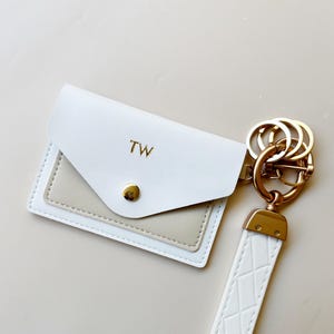 Monogram Keychain Wallet Card Holder Initial Wristlet Accessory Travel Gift Bridesmaid Present Concert White Leather Minimalist Wallet