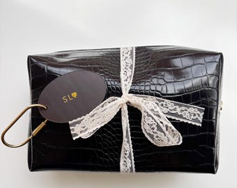 Personalized Monogram Makeup Bag Custom Faux Crocodile Travel Accessory Organizer