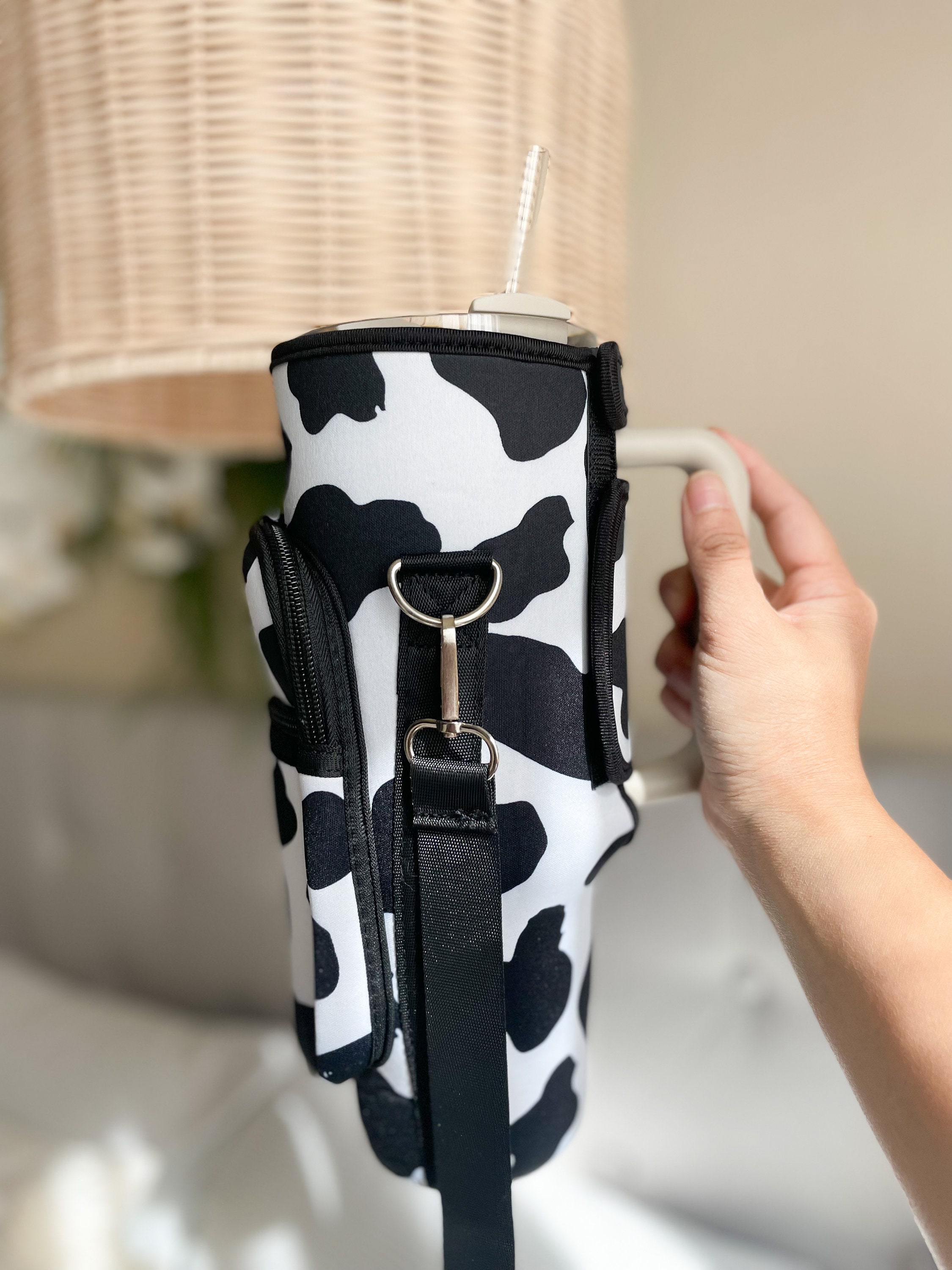 Black and White Cow 40oz Tumbler With Handle Sleeve