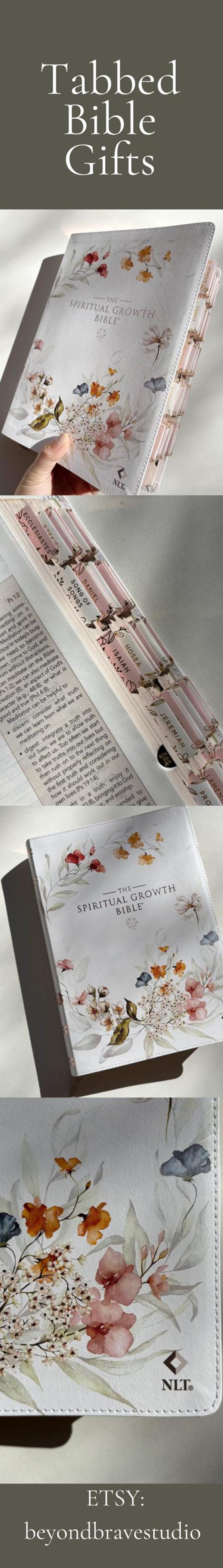 K&ouml;nnte beinhalten: Eine Bibel mit floralem Design und Registerkanten. Der Einband zeigt Aquarellblumen in Rosa, Orange und Blau. Die Register sind rosa mit goldfarbenen Buchstaben. Der Text "The Spiritual Growth Bible" ist sichtbar.