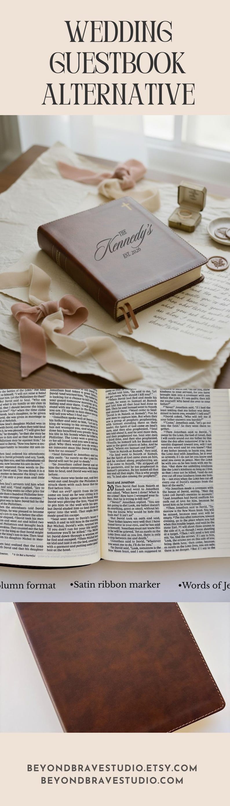 May include: A brown leather wedding guestbook alternative with the text "The Kennedy's EST. 2026" in elegant script. The book lies open on a cream-colored surface with ribbons and other wedding details.