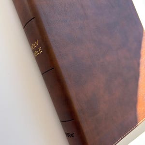 May include: A brown leather-bound Bible with gold lettering that reads "HOLY BIBLE" on the spine. A gold cross is embossed on the cover. The book has a stitched edge.