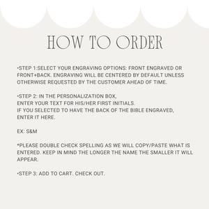 May include: A light beige graphic with the text "HOW TO ORDER" in a decorative font. Instructions are listed below, including engraving options, personalization details, and checkout steps. The text is in a simple, easy-to-read format.