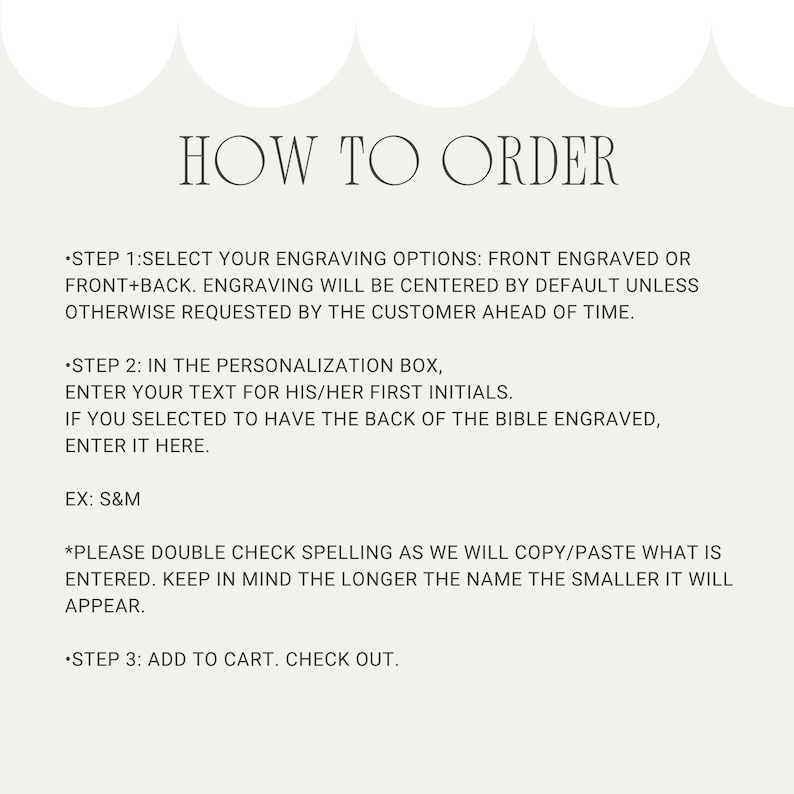 May include: A light beige graphic with the text "HOW TO ORDER" in a decorative font. Instructions are listed below, including engraving options, personalization details, and checkout steps. The text is in a simple, easy-to-read format.