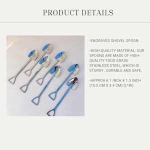 May include: Six silver-colored stainless steel spoons shaped like miniature shovels with triangular handles. Each spoon features an engraving on the bowl. The text states the dimensions are approximately 6.1 inches by 1.3 inches for each item.