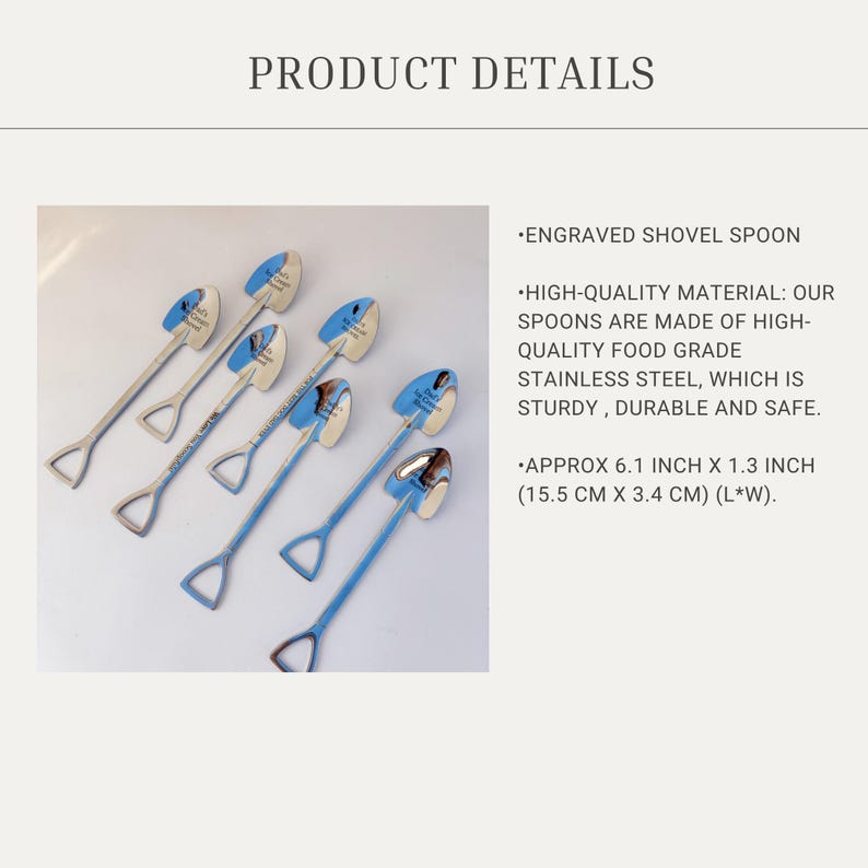 May include: Six silver-colored stainless steel spoons shaped like miniature shovels with triangular handles. Each spoon features an engraving on the bowl. The text states the dimensions are approximately 6.1 inches by 1.3 inches for each item.