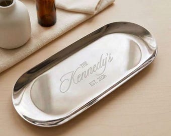 Personalized Engagement Jewelry Ring Dish Engraved Gift for Bridal Shower Wedding Couple Anniversary Silver Gift for Nightstand Vanity Tray