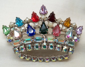 Fabelhafte Vintage B David Crown Brosche Strass & Kunstperlen Multicolor