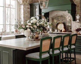 Custom Upholstered Ratten Kitchen Island Barstools | Handcrafted by Kelly Kate