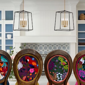 Mexican Embroidered Barstool Bohemian Decor Boho Kitchen Counter Seat Folk Art Handmade Furniture Custom Design Ethnic Style Colorful Textile Bar Chair Wooden Frame Artisan Crafted Unique Pattern Traditional Motif Home Accent Statement