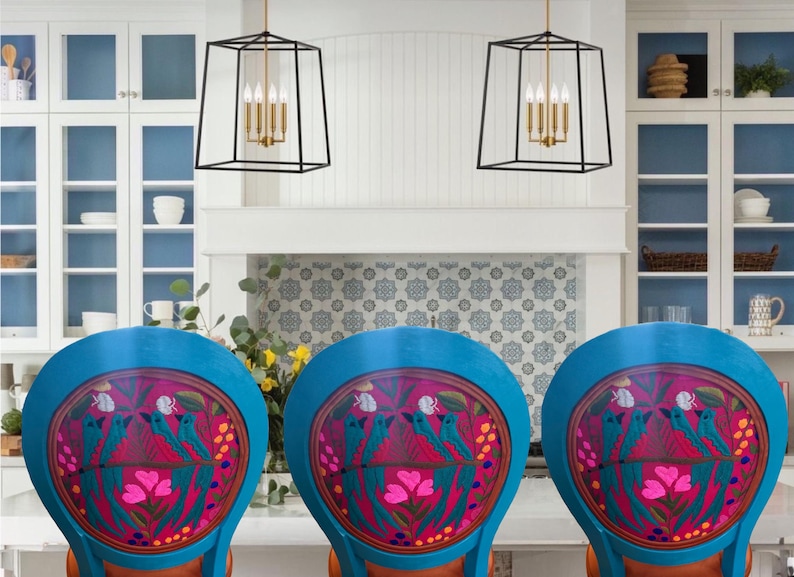 Bohemian Kitchen Barstool Mexican Embroidered Seat Colorful Folk Art Design Handcrafted Wooden Frame Unique Counter Stool Custom Textile Pattern Artisan Created Furniture Ethnic Style Decor Vibrant Colors Traditional Motifs Statement Piece