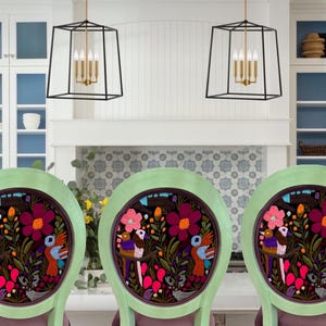 Folk Art Barstool Mexican Embroidered Design Colorful Textile Seat Bohemian Kitchen Furniture Handmade Wooden Frame Custom Counter Stool Unique Artisan Crafted Ethnic Style Pattern Traditional Motifs Vibrant Colors Statement Piece Home