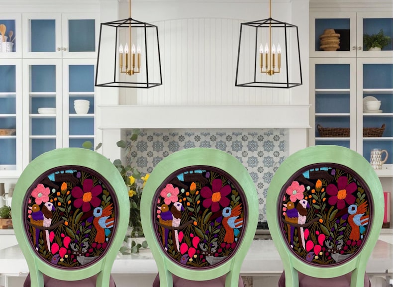 Folk Art Barstool Mexican Embroidered Design Colorful Textile Seat Bohemian Kitchen Furniture Handmade Wooden Frame Custom Counter Stool Unique Artisan Crafted Ethnic Style Pattern Traditional Motifs Vibrant Colors Statement Piece Home
