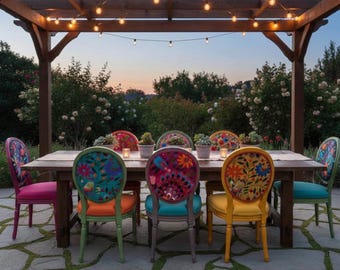 Set of 6 Colorful Mexican Textile Dining Chairs, Handcrafted Boho Kitchen Decor