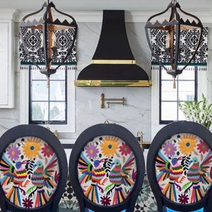 Custom Designed Barstool Mexican Embroidered Textile Bohemian Style Seating Colorful Folk Art Pattern Handmade Wooden Frame Kitchen Counter Stool Unique Artisan Crafted Furniture Ethnic Design Vibrant Colors Traditional Motifs Statement