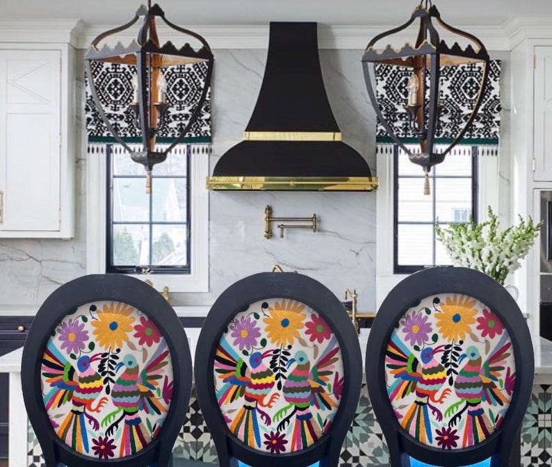Custom Designed Barstool Mexican Embroidered Textile Bohemian Style Seating Colorful Folk Art Pattern Handmade Wooden Frame Kitchen Counter Stool Unique Artisan Crafted Furniture Ethnic Design Vibrant Colors Traditional Motifs Statement