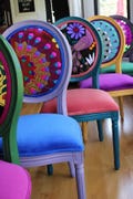 4 Dining Chairs Custom Upholstery Boho Design Kitchen Seating Vibrant Pattern Textile Furniture Stylish Decor Colorful Home