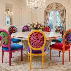 Set of 4 Handmade Mexican Textile Dining Chairs, Boho Upholstered Seating
