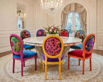 Set of 4 Handmade Mexican Textile Dining Chairs, Boho Upholstered Seating