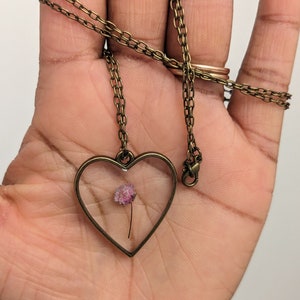 Bronze Pressed Flower Necklace, Resin Necklace, Birthday, Anniversary, Valentine&#39;s Day Gift, Gift Ideas, Heart Necklace