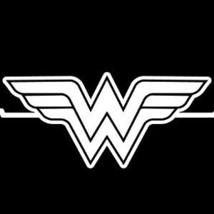 May include: A white silhouette of Wonder Woman's logo with wings, set against a black background. The logo is centered between two white heartbeats.