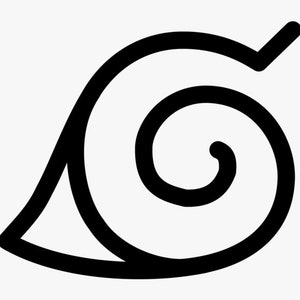 Puede incluir: Gráfico en blanco y negro del símbolo de la aldea de la hoja de Konohagakure. El diseño presenta una forma de hoja estilizada con una espiral y un pequeño elemento que apunta hacia arriba, sobre un fondo blanco.