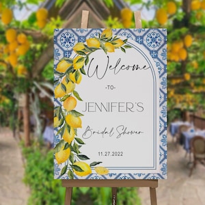 Editable Mediterranean Bridal Shower Welcome Sign, Positano, Blue Tile, Amalfi coast, Arch, Lemon, Digital, Instant Download