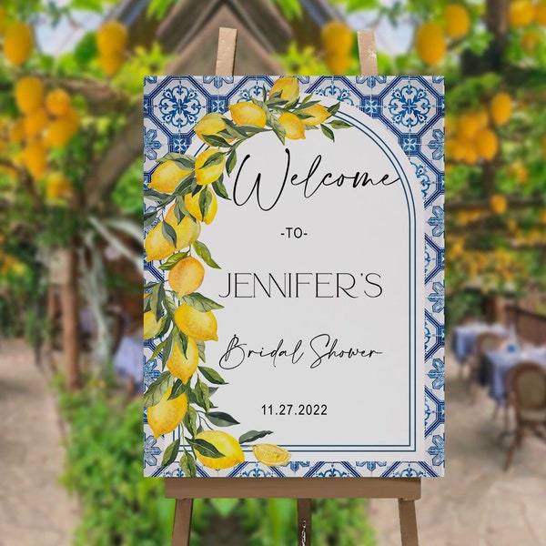 Editable Mediterranean Bridal Shower Welcome Sign, Positano, Blue Tile, Amalfi coast, Arch, Lemon, Digital, Instant Download