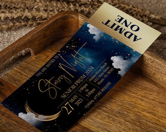 Starry Night Ticket Admission, Galaxy, Rustic Starry Night, Celestial, moon, watercolor, template, Digital, Instant Download, Editable