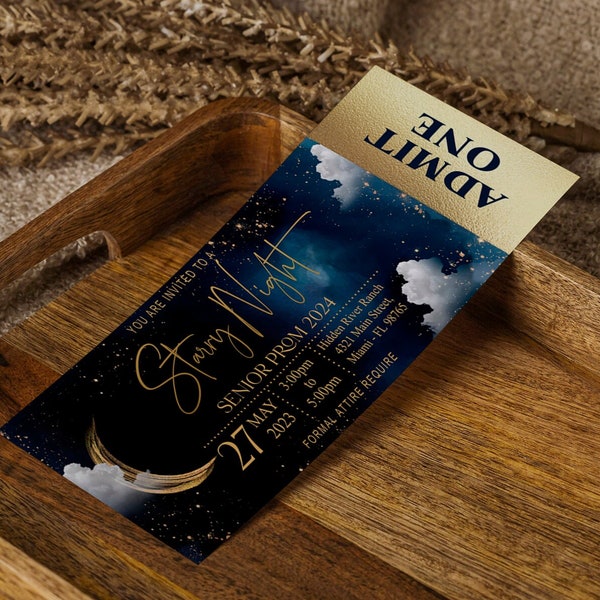 Editable Starry Night Ticket Admission, Galaxy, Rustic Starry Night, Celestial, moon, watercolor, template, Digital, Instant Download