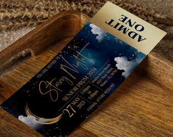 Editable Starry Night Ticket Admission, Galaxy, Rustic Starry Night, Celestial, moon, watercolor, template, Digital, Instant Download