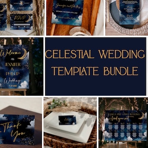 Lot de faire-part de mariage céleste, mariage lunaire, galaxie, décoration de mariage céleste, nuit étoilée de mariage rustique, numérique, modifiable, CWNG1